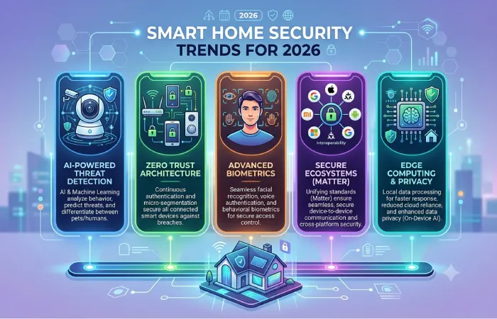 Generate image of 700x450 webp format under 70kb Smart Home Security Trends for 2026