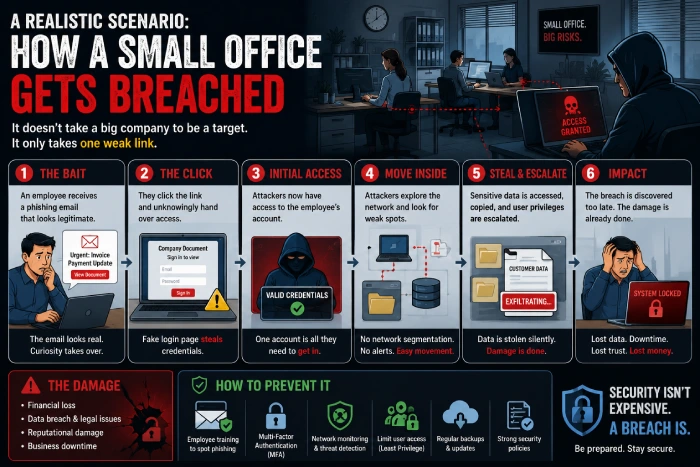 a realistic scenario how a small office gets breached