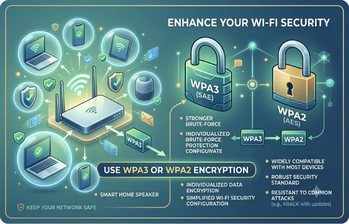 Use WPA3 or WPA2 Encryption