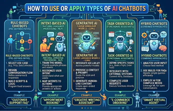 how to use or apply types Of ai chatbots